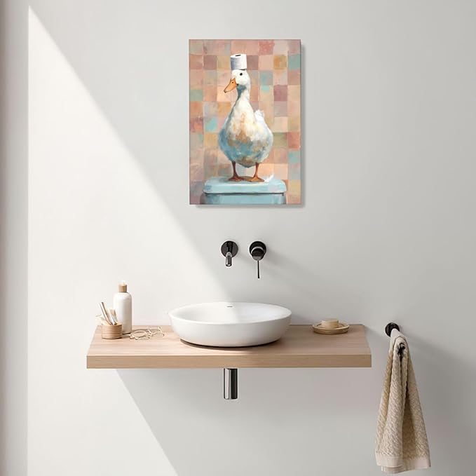 Funny Duck Bathroom Wall Art Cute Duck on Toilet Canvas Wall Decor Funny Quirky Farm Animal Pictures Painting Print Framed Artwork Decorations Gifts for Bathroom 16"x24"