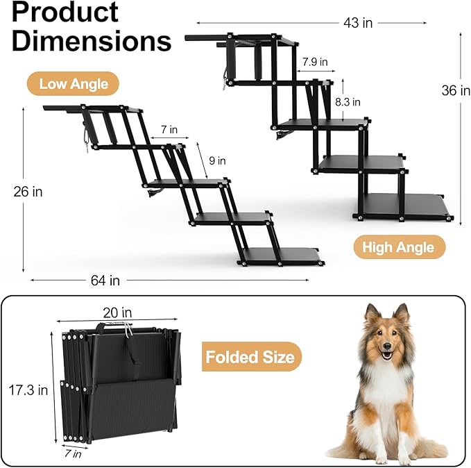 Extra Wide 5 Steps Dog Stairs for Large Dogs, Foldable Dog Ramp for Car with Non-Slip Surface, Lightweight Dog Stairs for Cars, Dog Steps for Cars, SUV, High Beds, Truck, Supports up to 250 lbs