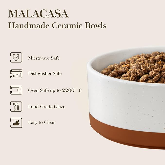 MALACASA Dog Bowls, Ceramic Dogs Bowls with Wood Stand Non-Slip, 6 Cups or 58 oz Capacity Dog Water Food Bowl Glaze Matte Weighted Non-Slip Pet Bowl for Large Dogs (L-6 Cups)