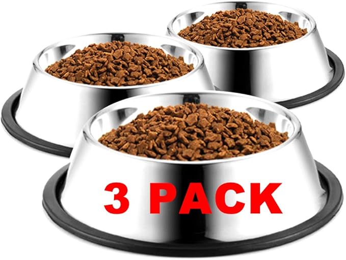 Stainless Steel Dog Bowls, 6 Cup/48oz Cat Bowl Water and Food with Rubber Base, Pet Bowls for Large Dogs and Pets, 3Pack