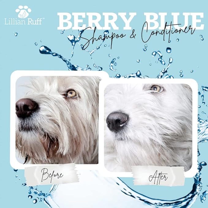Lillian Ruff PRO Formula Berry Blue Brilliance Bundle - Ultimate Tear Stain & Odor Eliminator Set, Includes Berry Blue Shampoo, Conditioner & Waterless Shampoo, Hydrate, Soften & Detangle, USA Made