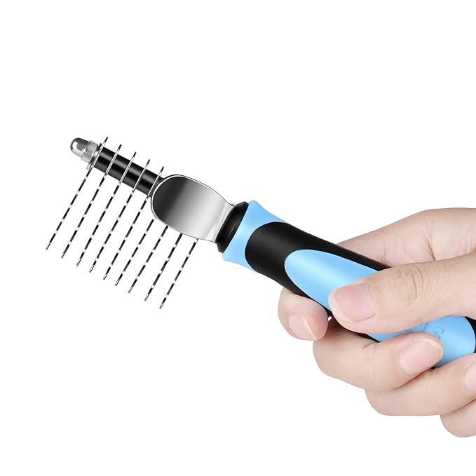 Flexzion Dogs Dematting Comb, Stainless Steel Blades Rakes, for Pets Cats Animals Matted Knotted Hair, Brush Cutting Removing Grooming Tool with Smooth Teeth Needle - Black & Blue Handle