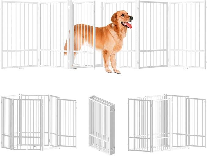 Full Metal Freestanding Dog Gate with Door, 36''Height Foldable Pet Dog Fence for Indoor & Outdoor, 6 Panels Extra Wide Free Standing TallDog Gates for Doorways,House,Stairs,Porch,Deck,Yard