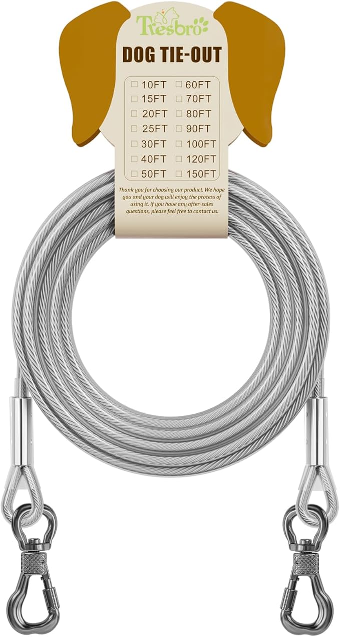 Tresbro 20FT Reflective Tie Out Cable for Dogs Up to 250 Pounds, Steel Wire Lead Leash Cable with Stainless Dual Fix Buckle, Lightweight and Enduring, Outdoor Dog Chains for Outside,Yard,Camping