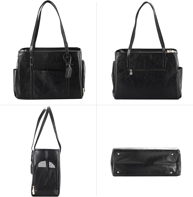 Fashion Dog Carrier Purse, Premium Leather Cat Carrier Bag, Airline Approved Soft Sided Pet Travel Tote Bag with Pockets Black