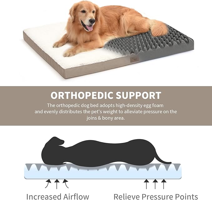 Dog Crate Bed Washable Dog Beds for Large Dogs, Big Waterproof Orthopedic Pet Bed with Egg Crate Foam Pet Mat, Removable Oxford Cooling Cover, Khaki White
