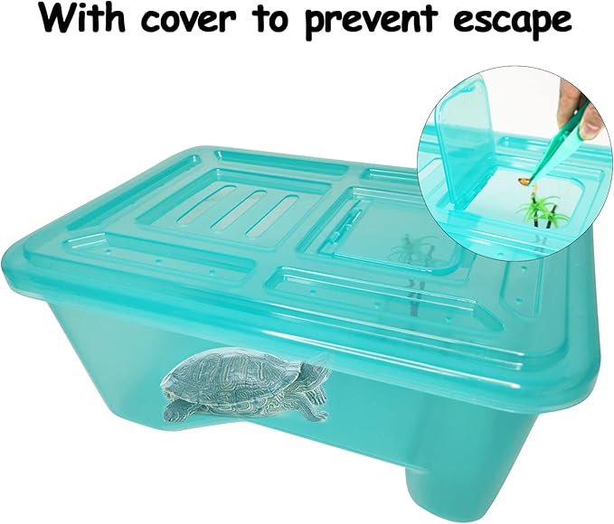 Fhiny Turtle Tank with Lid, Plastic Reptile Terrarium Turtle Breeding Box with Basking Platform Tortoise Aquarium for Crayfish Hermit Crabs Geckos Lizards Habitat Prevent Escaping (Medium)