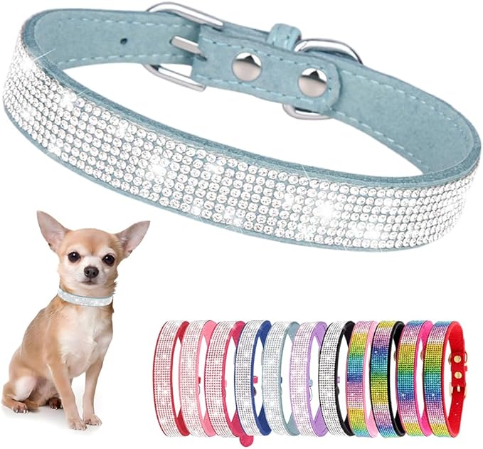 Rhinestone Dog Collar for Small Dogs, Bling Diamond Fancy Crystal Glitter Pretty Jewel Pet Puppy Collars for XXS XS Small Medium Large Breed Girl Dogs Female Cats Kitten, Teal XSmall