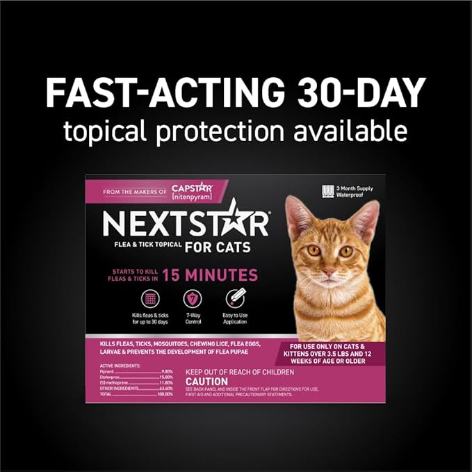 Flea and Tick Prevention for Cats, Repellent, and Control, Fast Acting Waterproof Topical Drops for Cats Over 3.5 lbs, 6 Month Dose