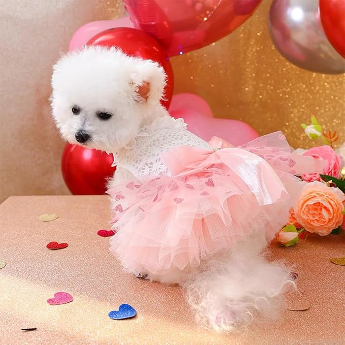 Dog Princess Dress with Heart Patterns & Bow Puppy Clothes for Small Dogs Girl Fancy Cat Birthday Outfit Pet Wedding Dresses (Pink White, Small)