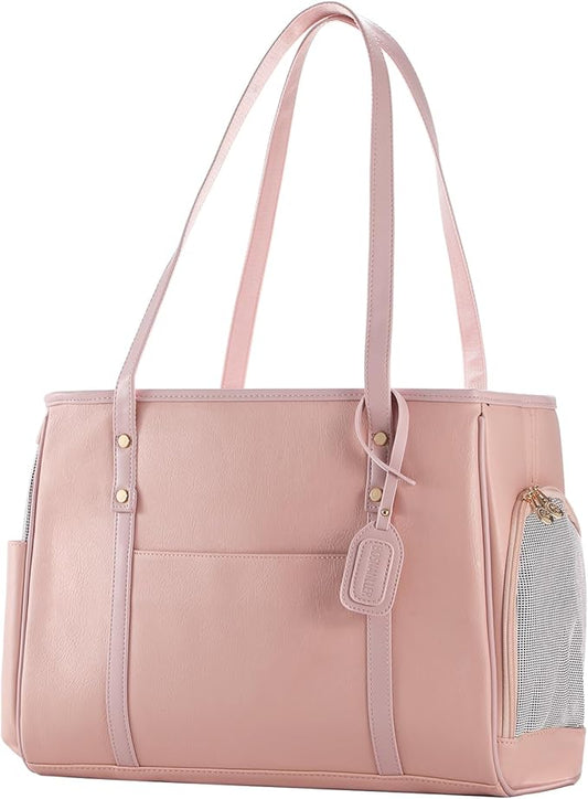 Fashion Dog Carrier Purse, Premium Leather Cat Carrier Bag, Airline Approved Soft Sided Pet Travel Tote Bag with Pockets Pink