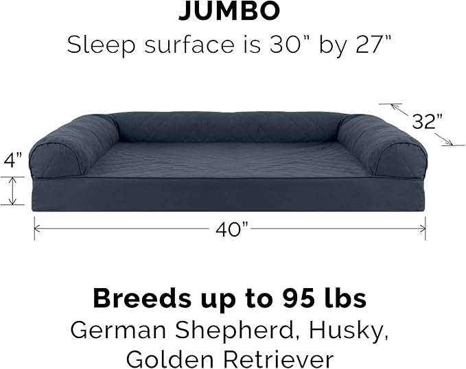 Furhaven Cooling Gel Dog Bed for Large Dogs w/ Removable Bolsters & Washable Cover, For Dogs Up to 95 lbs - Quilted Sofa - Iron Gray, Jumbo/XL