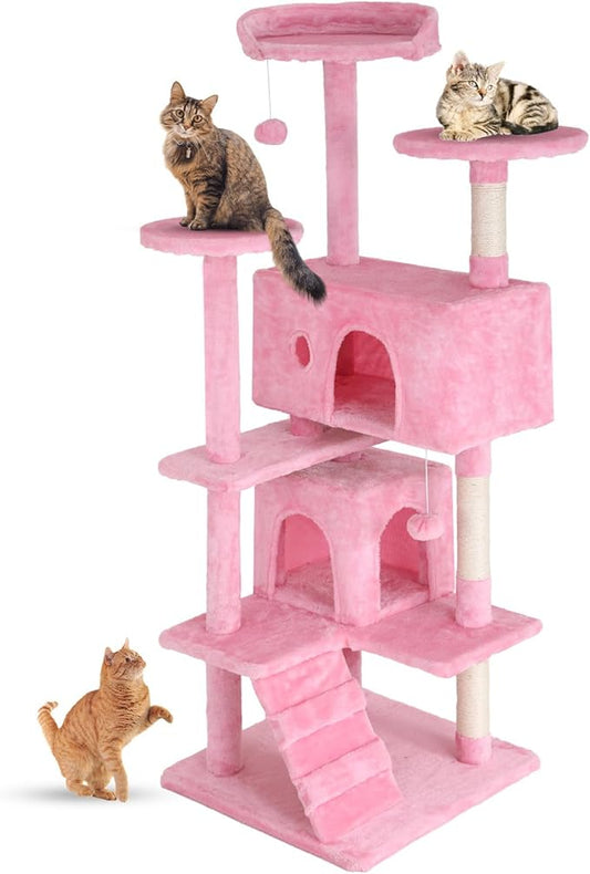 FDW Cat Tree 54in Cat Tower Multi-Level Durable Cat Scratching Post & Cozy Fun Cat Jumping Platform Space Saving Cat Condo Pet Play House for Indoor Cats,Pink