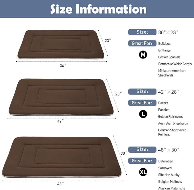 JoicyCo Soft Dog Bed Crate Pad Mat, 42 in Non-Slip Bottom Washable for Large Dogs, Pet Mattress Kennel Pad, Dark Brown