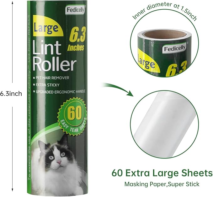 Fedicelly Large Lint Rollers Pet Hair Extra Sticky Furniture,Cat Dog Hair Remover Laundry Clothes Carpet,6.3 inches Wider with 320 Sheets Giant Lint Remover Brush for Couch