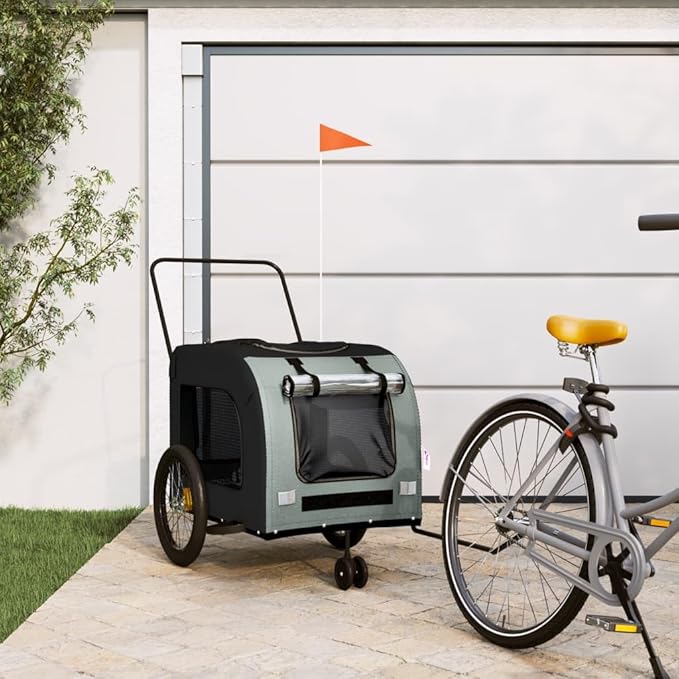 Tidyard Pet Bike Trailer Black and Gray Oxford Fabric and Iron Pet Bicycle Carrier, Animal Bike Stroller for Cat, Puppy, Dog, Outdoor, Travel