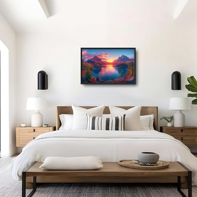 Large Lake Mountain Landscape Wall Art for Living Room, Nature Sunrise Canvas Oversized Wall Decor, River Forest Scenery Framed Pictures Painting Print Artwork for Bedroom Office 36"L x 24"W