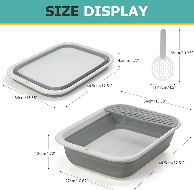 Foldable Cat Litter Box, Large Height-Adjustable Anti-Splash Open Air Kitty Litter Pan, Easy Clean with Scoop (Gray)