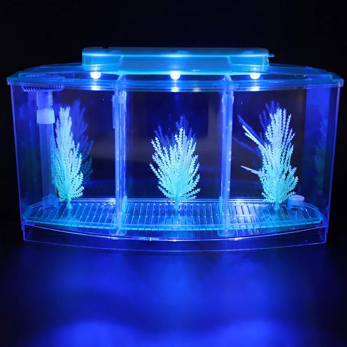 Betta Fish Tank, Adjustable Light Isolation Acrylic Small Aquarium with LED Light, Small Fish Tank Starter Kit, Beta Fish Tank with Water Change Valve for Office Home Room Decor (Blue)