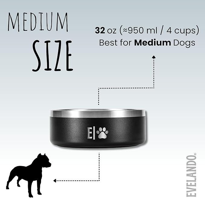 EVELANDO® Premium Dog Food Bowl 32 oz Stainless Steel 4 Cups Small Medium Dog Bowls Non Slip & BPA-Free S M L Pet Water Bowl Platos para Perros Indoor Outdoor Pet Dish Feeder Water and Food Dish