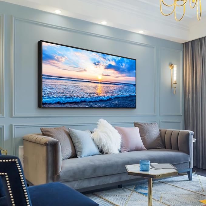 Wapluam Bedroom Decor: Blue Beach Sea Waves Landscape Canvas Print, Large Wall Art, Ready To Hang, Black Framed