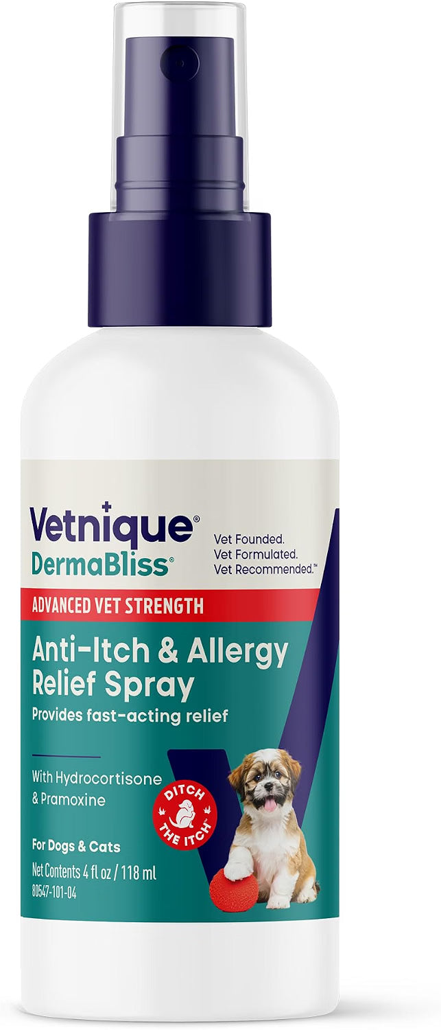 Vetnique Dermabliss Anti Itch Spray for Dogs & Cats with Hydrocortisone for Allergies and Immediate Dog Itching Skin Relief - Fragrance Free with Soothing Oat Extract (4oz)