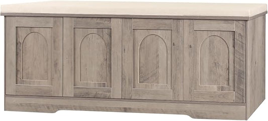 DINZI LVJ Shoe Bench, Entryway Storage Bench with Doors, Cushion, 2-Tier Shoe Rack with 8-Cubby, 47.2”L x 13.8”W Shoe Organizer Cabinet, Adjustable Shelf, Living Room, Bedroom, Greige