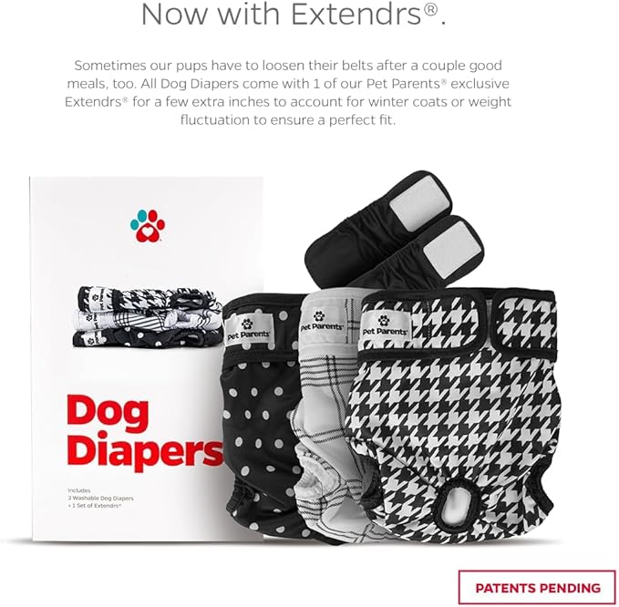 Pet Parents® Washable Dog Diapers (3pack) + Extendrs® of Durable Doggie Diapers, Premium Dog Diapers Female (X-Large, Luxe)