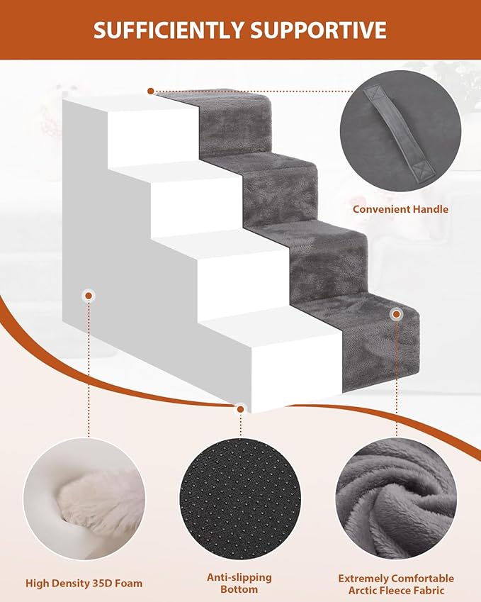Dog Stairs for Small Dogs,17.5" 4-Step Pet Stairs for High Beds and Couches，Dog Steps with Non-Slip Bottom and High-Density Foam Indoor Outdoor,Grey