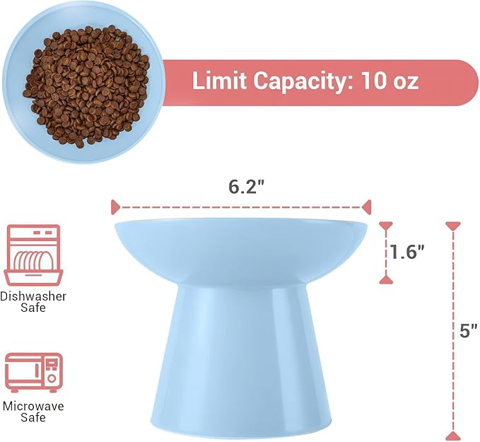 Extra Wide Elevated Ceramic Cat Bowl, 6.2" Shallow Dish for Whisker Fatigue Relief, 5" Height for Easy Feeding, Durable Raised Cat Food Bowls, Pack of 2, Blue