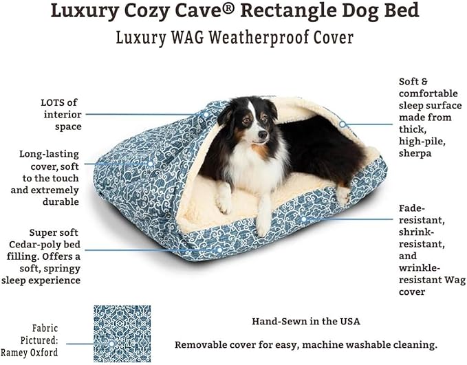 Snoozer Pet Products Luxury Rectangle Cozy Cave, Wag Collection, Small, Pedigree Denim