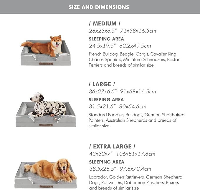 Friends Forever Orthopedic Dog Bed for Medium Dogs, Waterproof Memory Foam Dog Sofa Bed M with Removable Washable Cover, Ally Grey, 28x23x6.5