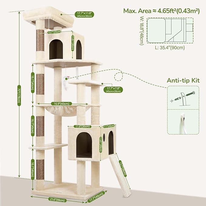 Globlazer Heavy Duty Cat Tree Tower, 70inch Sturdy Cat Tree for Indoor Cats Sturdy Large Cat Tower with Scratching Post and Scratching Board, Hammock, Cat Condo for Adult Cats Kittens, F70 Pro, Beige