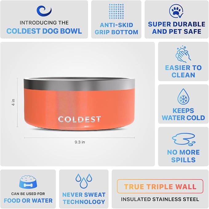 Coldest Dog Bowl - Anti Rust Metal, Non Slip, 3 Layers Insulated Stainless Steel Dog Bowls - Spill Proof & Heavy Duty - Water Bowl for Dogs, Cats & Pets, Dish Washer Safe (100 oz, Candy Red Glitter)