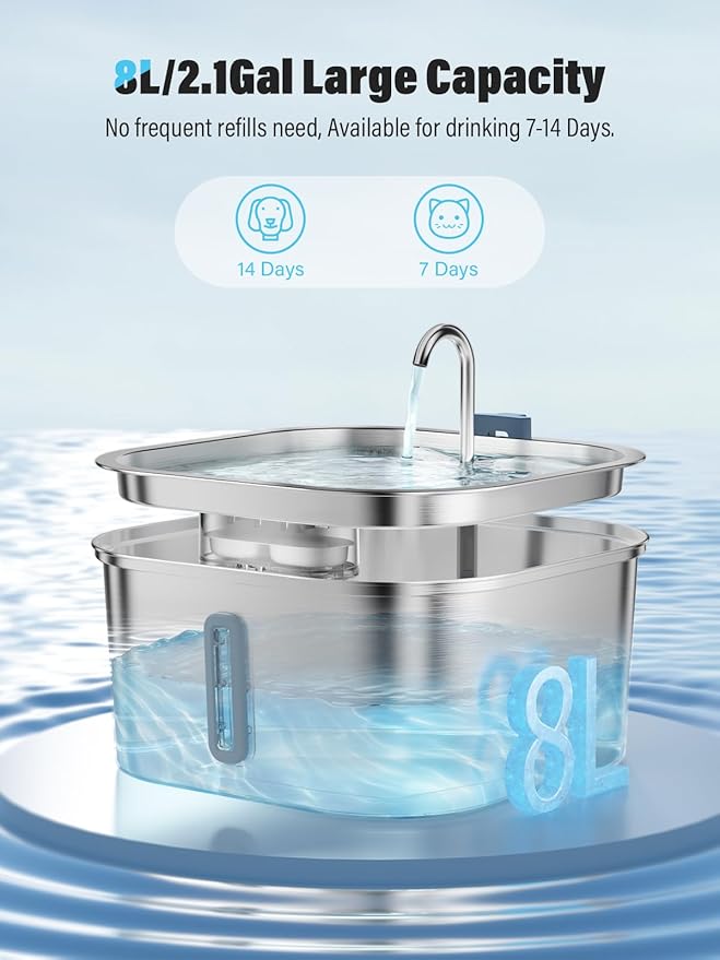 Dog Water Fountain for Large Dogs, 8L/2.1Gal Stainless Steel Pet Water Fountain with Water Level Window, Automatic Dog Water Bowl Dispenser for S-L Dogs and Multi-Pets (with 6pcs Filters)