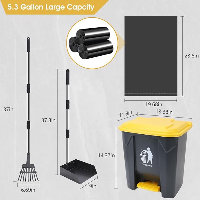 Dog Pooper Scooper, 20L Large Dog Poop Trash Can Outside with Removable Inner Bucket, Poop Trash Can for dog Outdoors with 90 Waste Bags, 37inch Long Handle Stainless Metal Tray & Rake