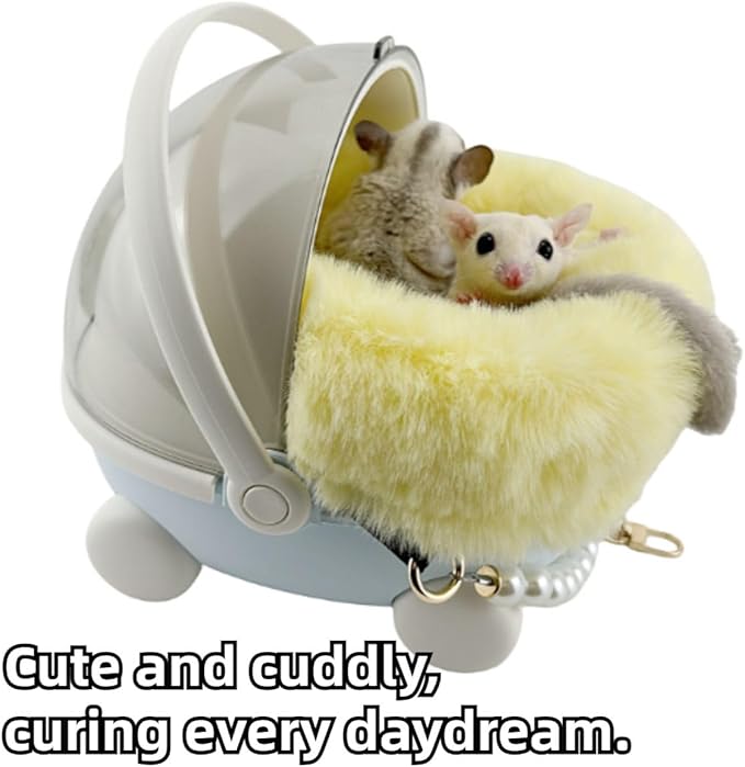 Sugar Glider Carrier Cage with Warm Nest, Cushion, Mat and Safe Lock, Portable Cages with Chain, Small Animals Travel Carrier Plastic Breathable Outgoing Box for Hamsters (Blue)