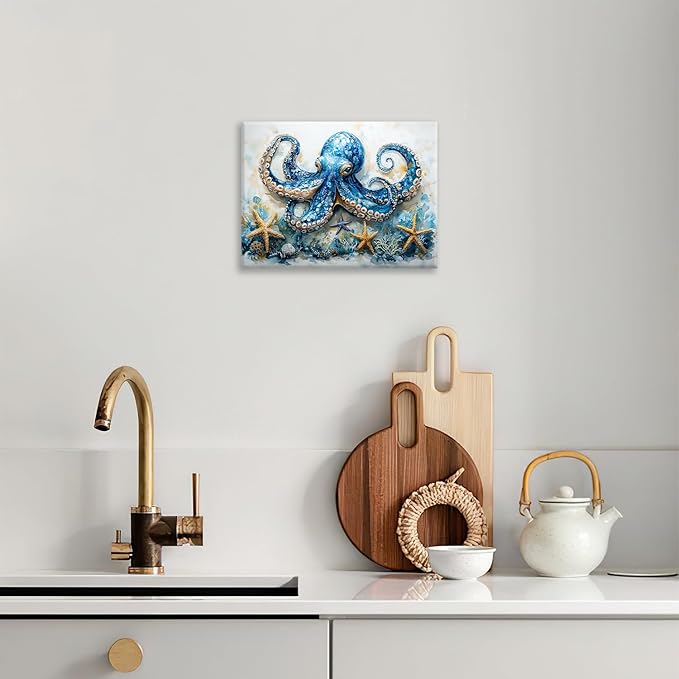 Octopus Bathroom Pictures Wall Art, Sea Animal Ocean Bathroom Wall Decor, Nautical Framed Painting Canvas Artwork for Bedroom Living Room Decorations 20"L x 16"W