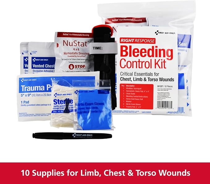 First Aid Only 91137 Critical Essentials Bleeding Control Kit for Chest, Limb & Torso Wounds, 10 Pieces