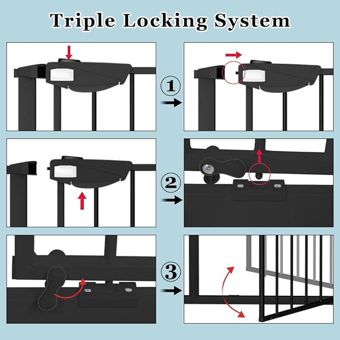 WAOWAO Triple Lock Baby Gate Extra Wide 31.1-35.04" Pressure Mounted Walk Through Swing Auto Close Safety Black Metal Dog Pet Puppy for Stairs,Doorways,Kitchen