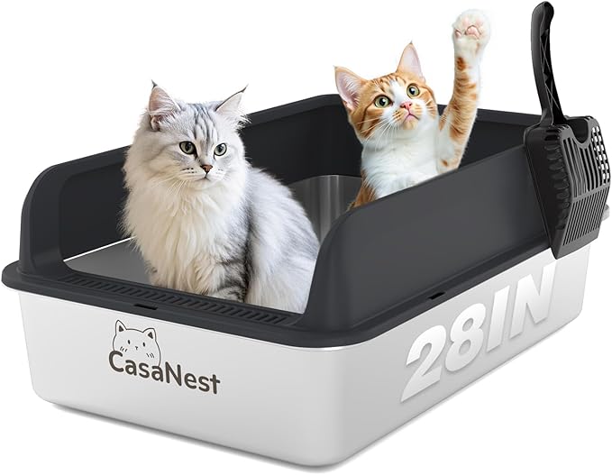 XXXL Stainless Steel Cat Litter Box 28.1''×20.5''× 10.1” Extra Large Metal Cat Litter Box for Big, Multi Cats, Anti-Leakage & Non-Stick Metal Pan, Easy to Clean, Durable (Black