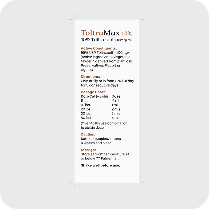Toltrazuril 10.0% for Horses, Dogs, Cats, 60mL/2 Ounce, for Non-Food Chain Animals