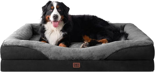 EHEYCIGA Memory Foam XXL Dog Bed for XLarge Sized, Orthopedic Dog Sofa with Sides and Waterproof Liner, Washable Bolster Pet Couch with Removable Cover, 52x41x8 Inch, Grey/Black