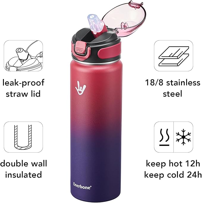 Enerbone 24 oz Insulated Water Bottle, Stainless Steel Bottle with Carrying Strap, Double-Wall Vacuum Insulation Design, Leakproof Sports Bottle with Straw, Keep Drinks Cold or Hot for Hours