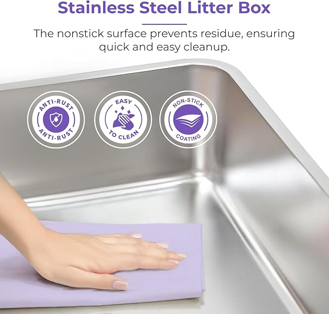 iPrimio XL Stainless Steel Litter Box with Enclosure - High-Sided Metal Litter Box for Large Cats - Easy to Clean, Rust-Resistant, and Durable - 23.5 x 15.5 x 6 Inches