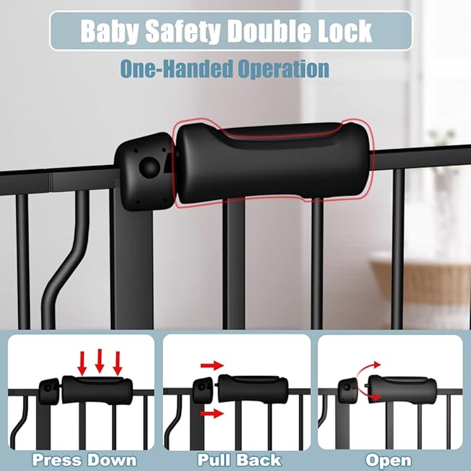 Extra Wide Baby Gate 57.5-62 Inch Black Walk THR Dog Gates Doorways House No Drill Pressure Mounted Auto Close Long Child Safety Gate for Kids and Pet