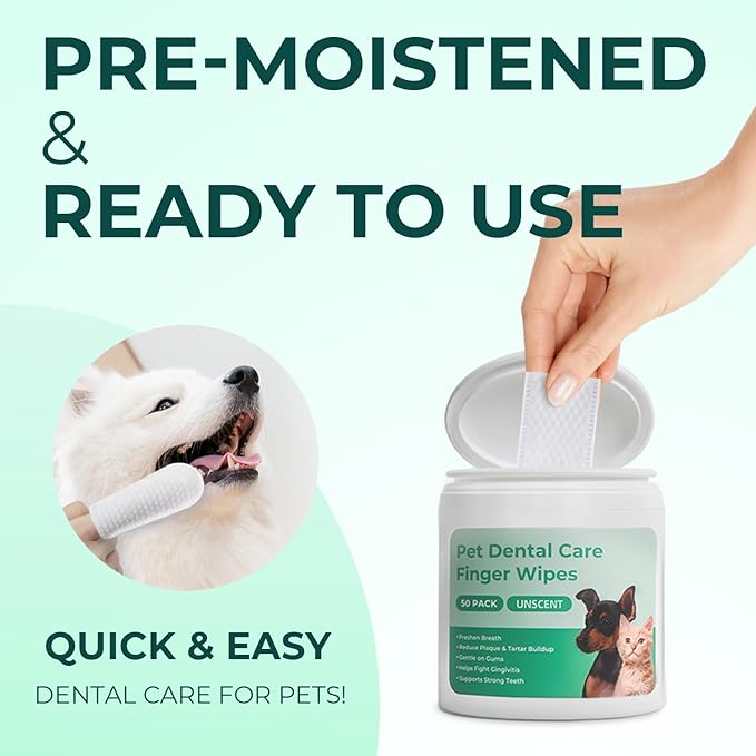 Dog Teeth Cleaning Wipes 50 Pack, Reduces Plaque and Freshens Breath, Dog Dental Wipes Dog Tooth Brushing Kit, No-Rinse Dog Toothbrush Finger Wipes Dental Care for Dogs Cats