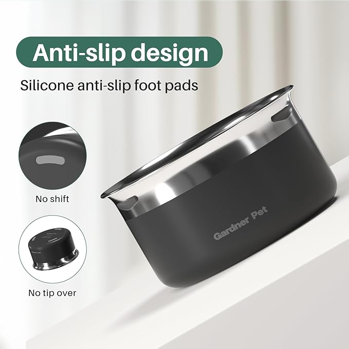 Gardner Pet Dog Bowls 1 Gallon (3.85L) Stainless Steel No Spill Dog Water Bowl, Slow Water Feeder Metal Bowls, Spill Proof Water Dispenser for Large Dogs, Promotes Healthy Hydration(Black)