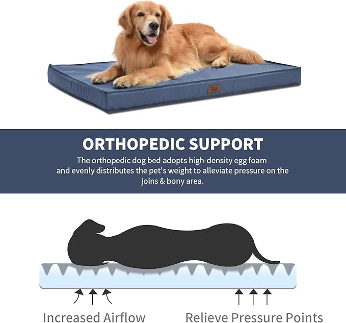 Outdoor Large Dog Bed, Waterproof Dog Bed for Large Dogs, Egg Crate Foam Pet Bed with Removable Washable Oxford Cooling Cover, Navy