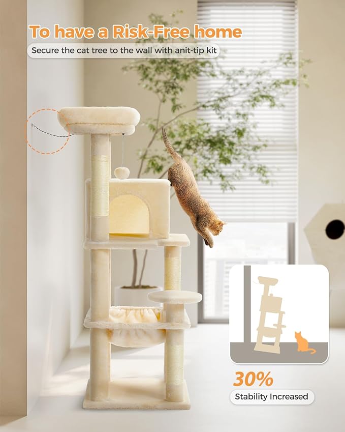 PETEPELA 45.7" Cat Tree for Indoor Cats, 5-Level Cat Tower for Large Cats with Metal Frame Large Hammock (17.3"x15.3"), Cat Condo with (18.5"x13") Big Top Perch & 4 Sisal Covered Scratching Post Beige
